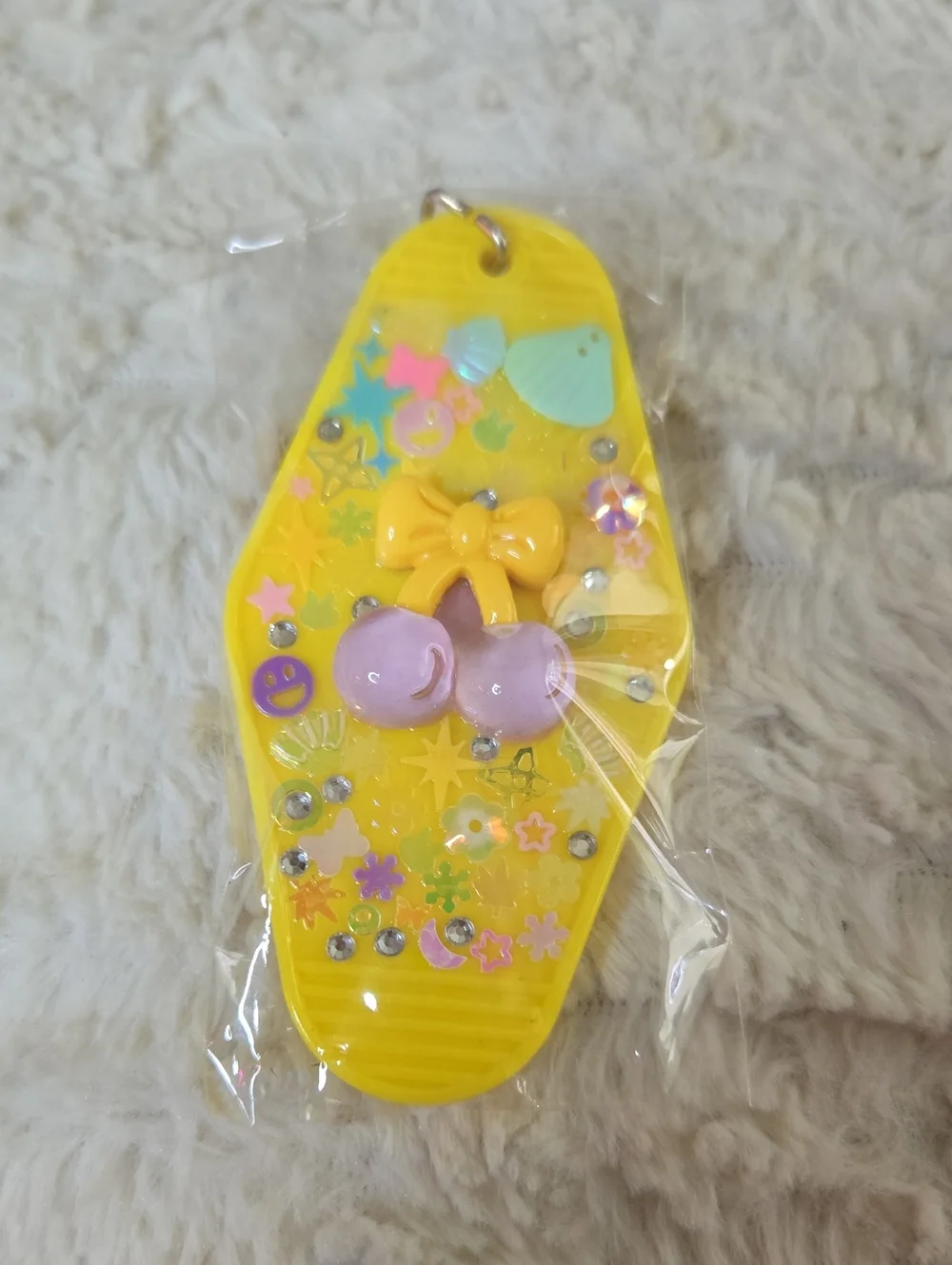 Keychain Handmade Yellow Charm with Purple Cherry Accent